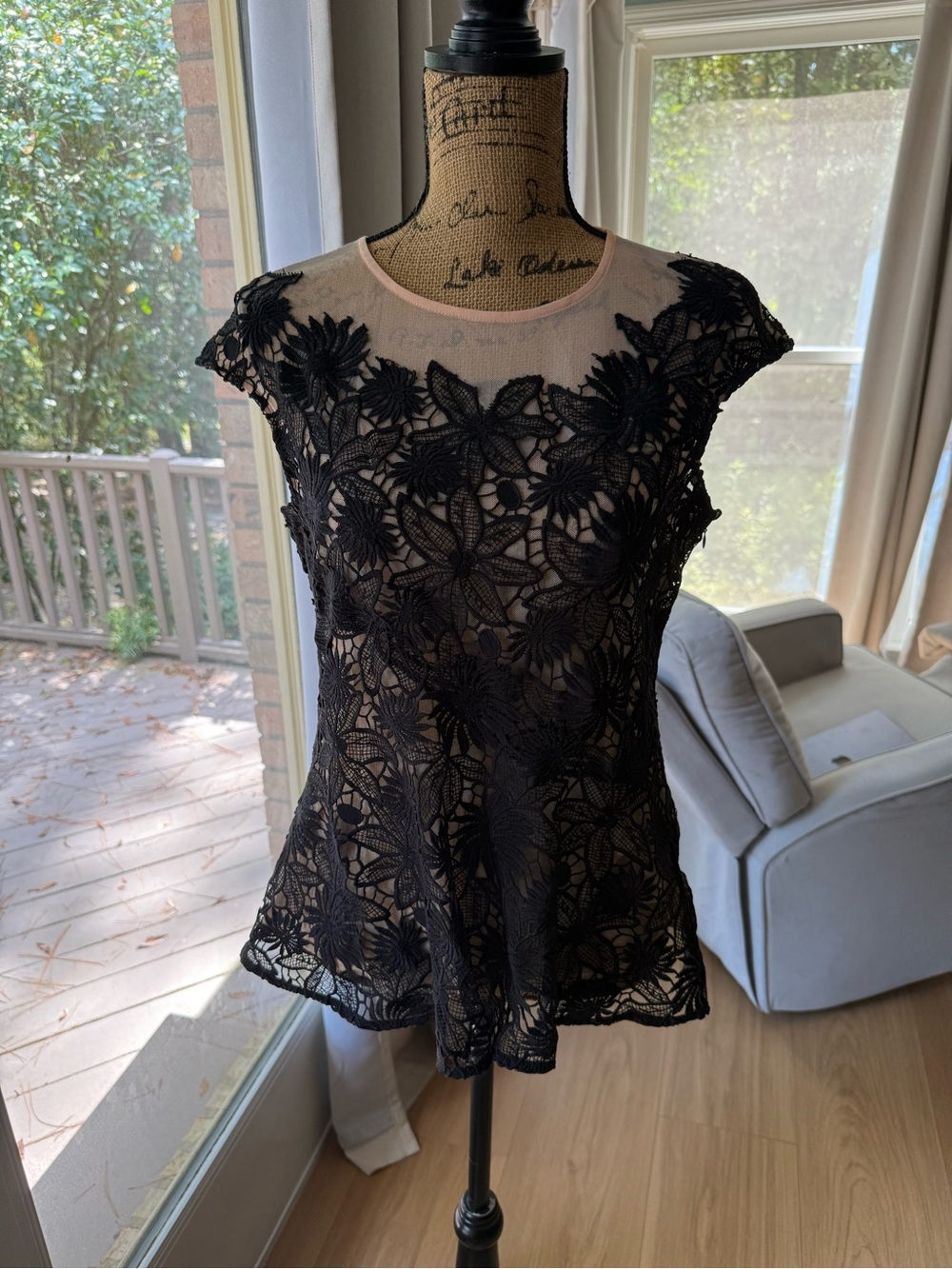 Deletta Black Floral Lace Cap-Sleeve Blouse with Nude Illusion Yoke